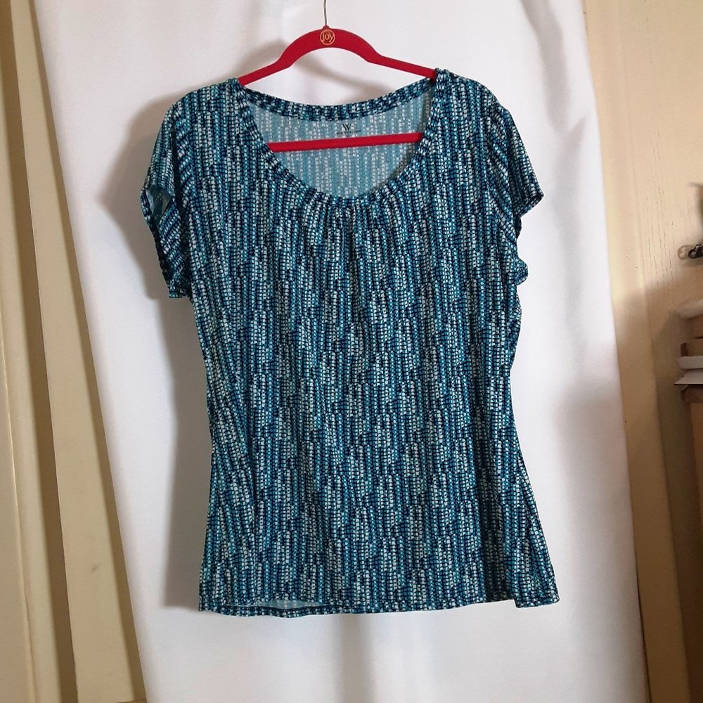 Worthington Turquoise/Black/White Square Print Top. Size XLarge